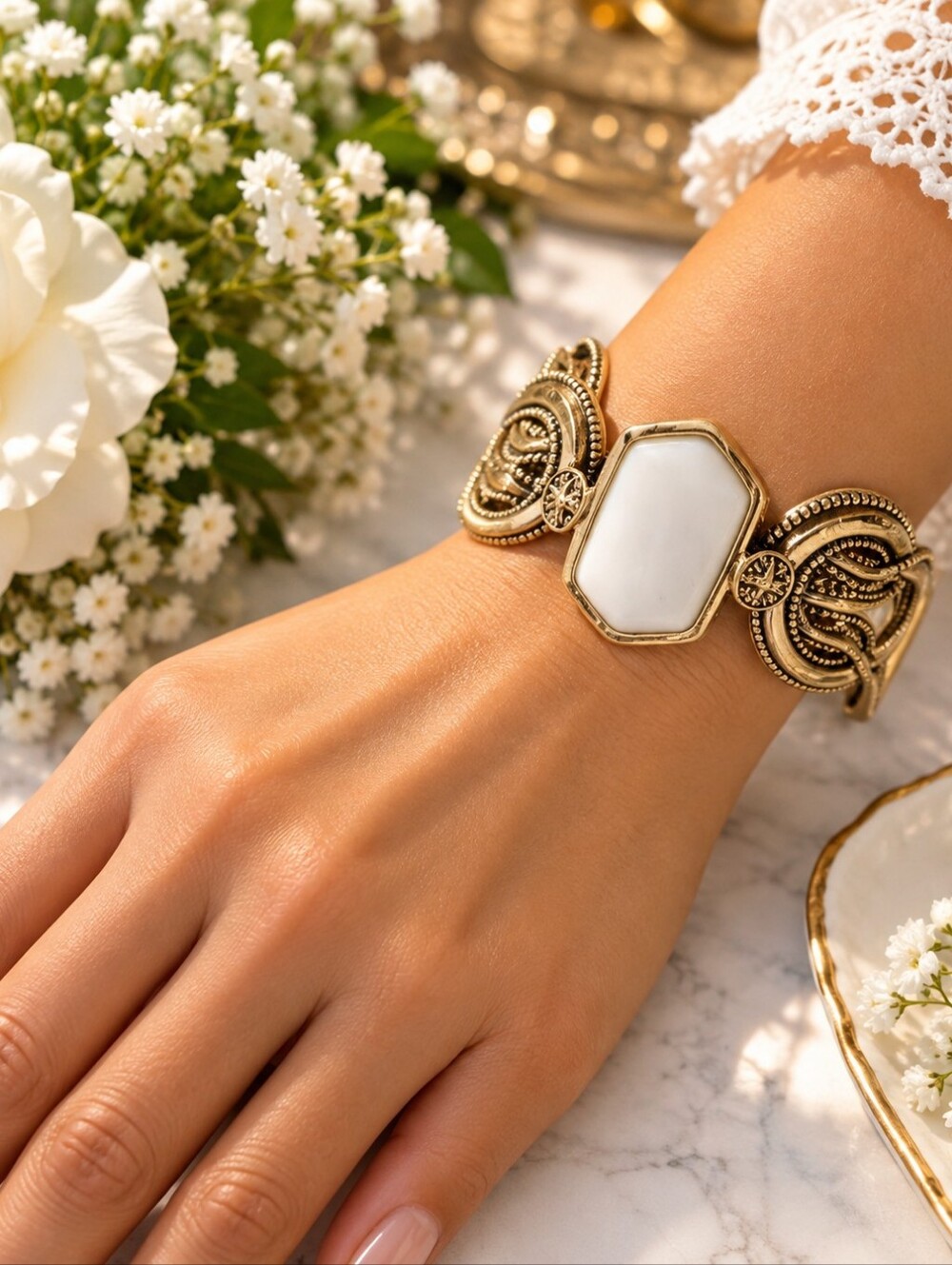 Thailand Gold Tone Ornate Scroll Cuff Bracelet White Statement Center